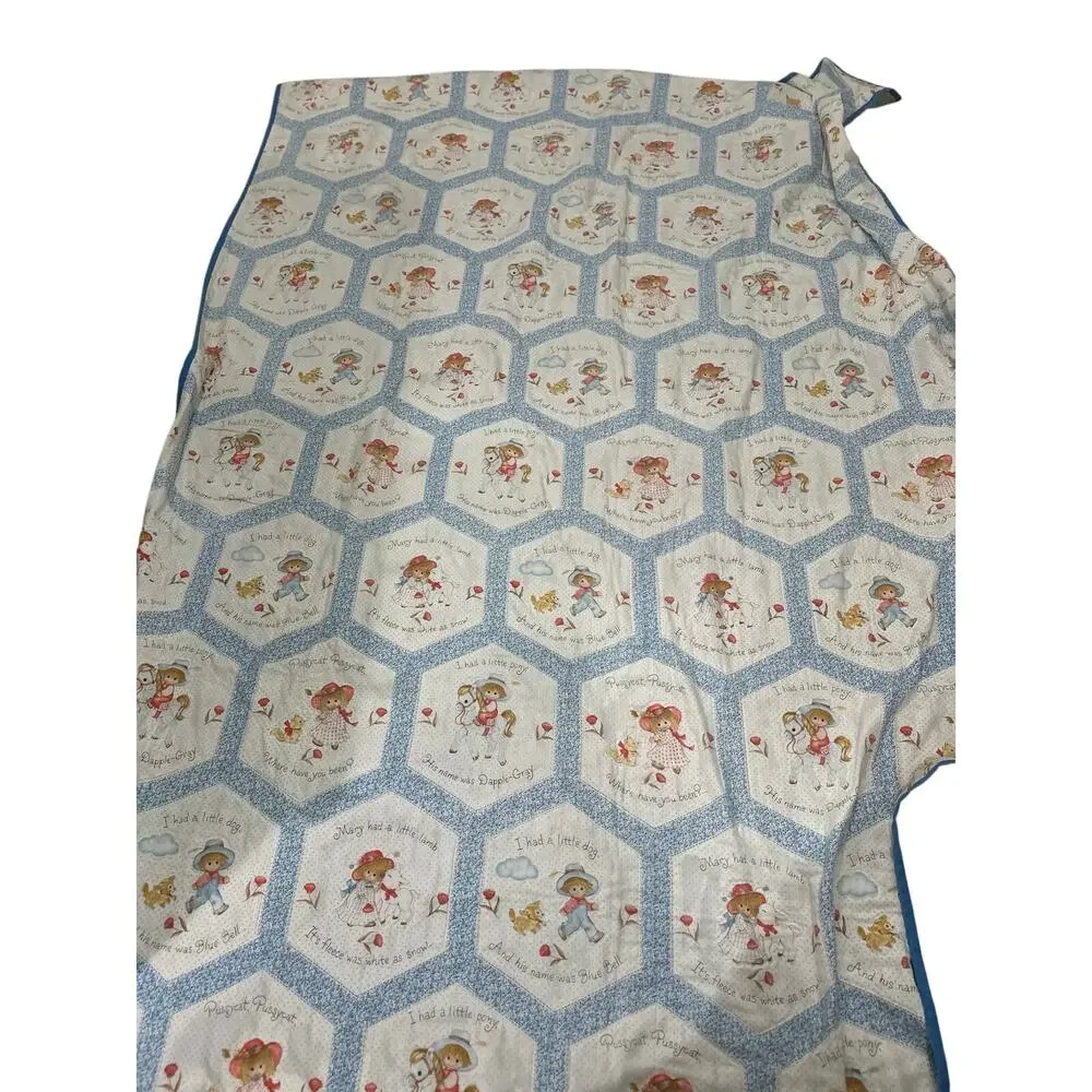 Vintage 1980s Baby Quilt Featuring Hexagon Panels Nursery Rhyme Motif Blue Twin